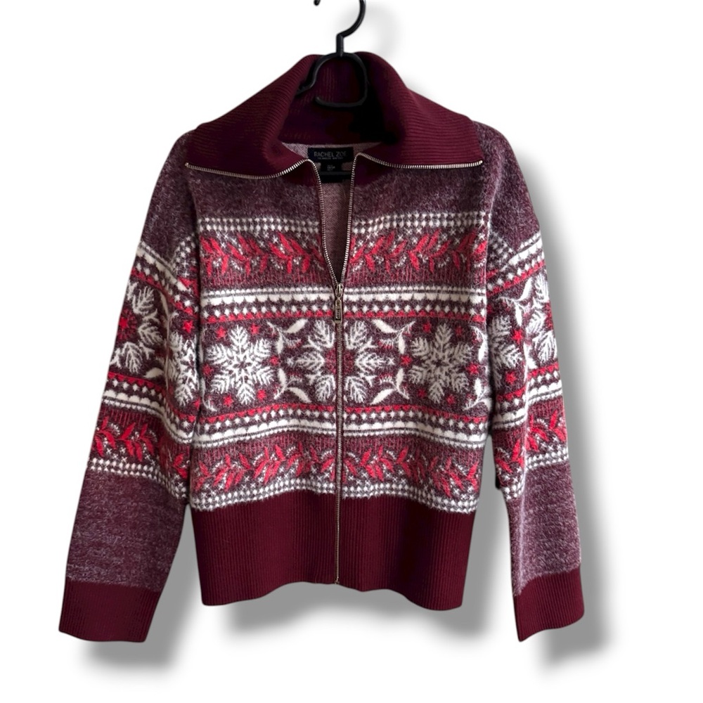 Rachel Zoe Burgundy and White Zip-Up Sweater